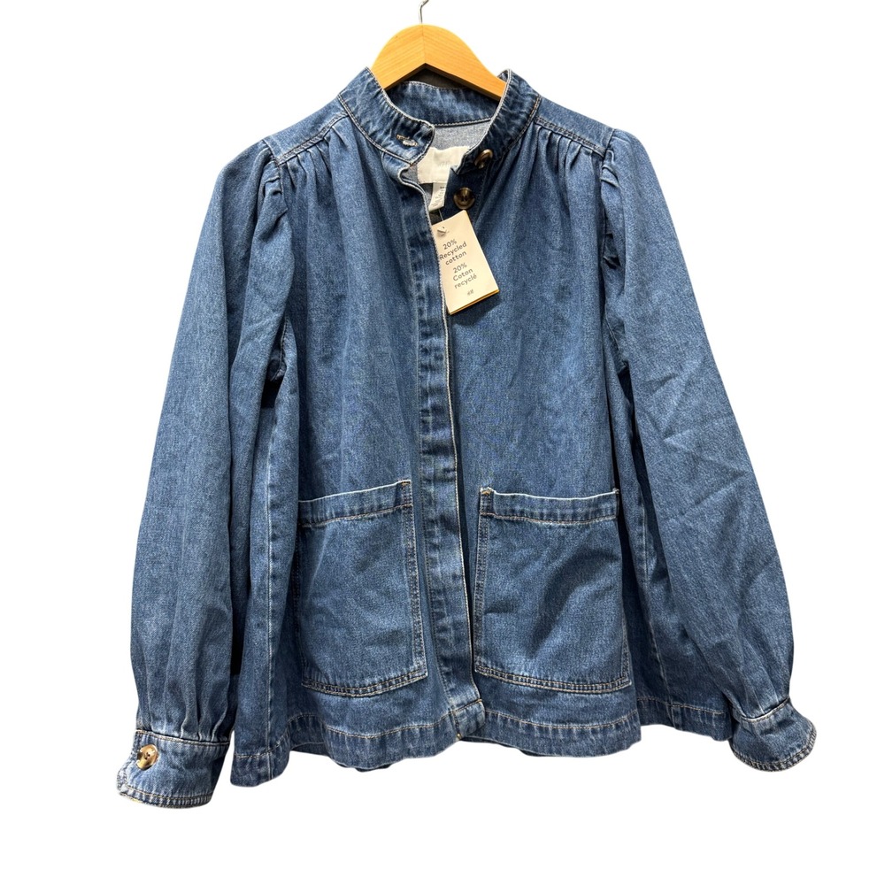 H&M Denim Jacket Womens Small Puff Sleeve Blue Chore Shacket Hidden Button NEW